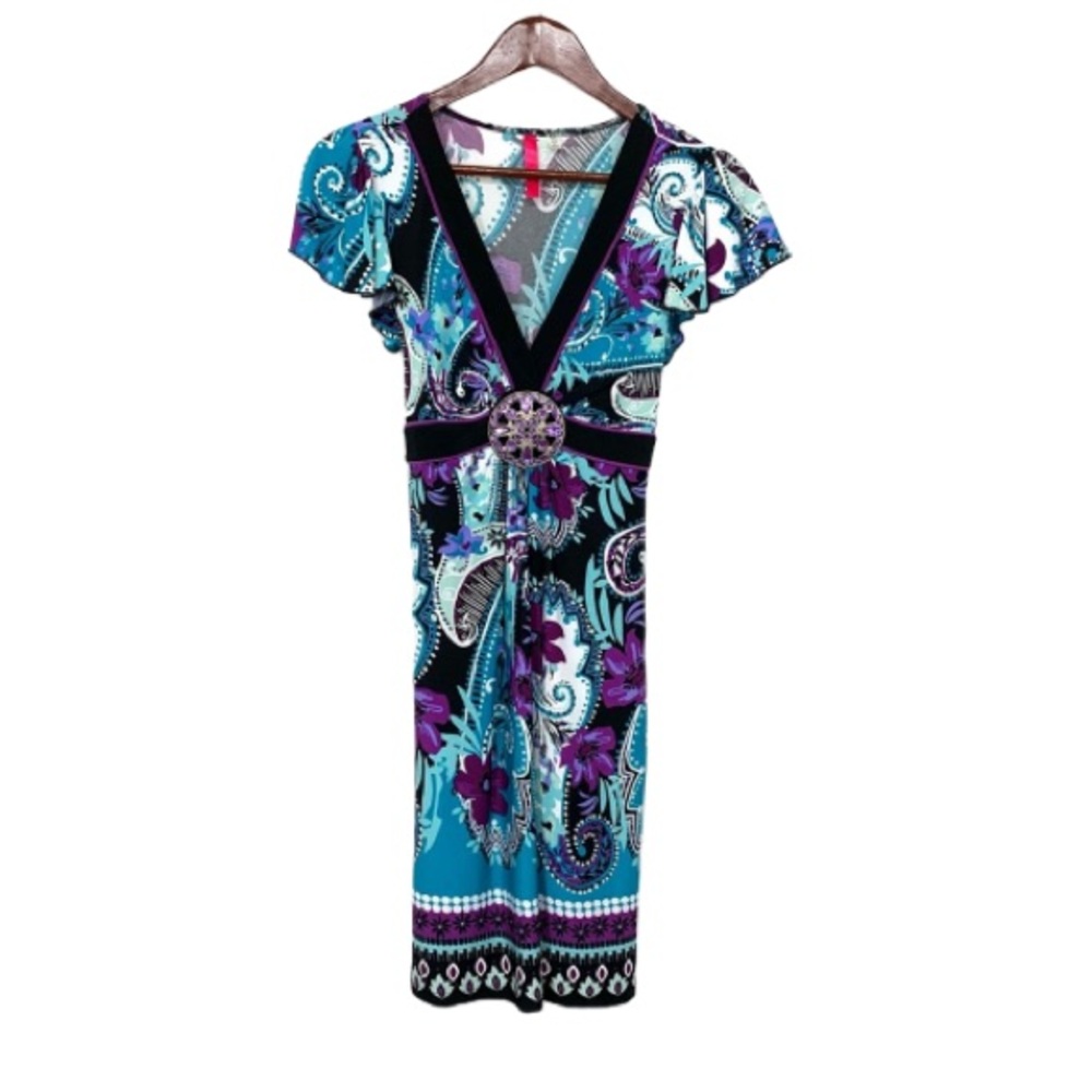A. Byer Vintage Y2K Blue & Purple Paisley Floral Stretchy V-Neck Broach Dress